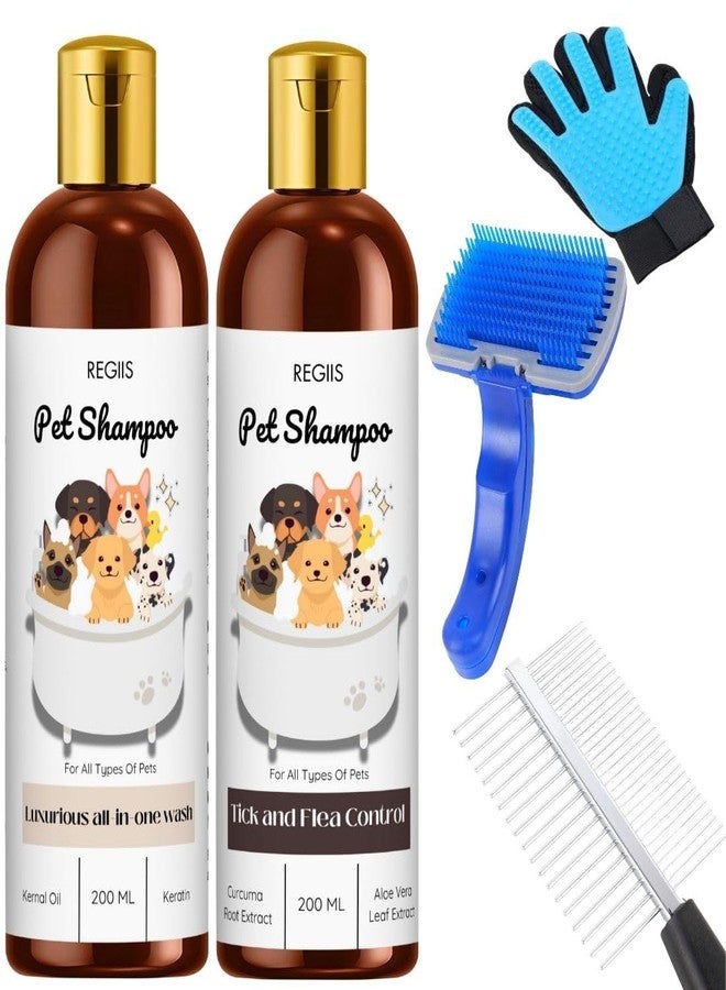 REGIIS Pet Grooming Kit with Shampoo, 200ml Tick and Flea Control Formula, Luxurious All-in-One Wash, Includes Grooming Brush and Glove(Pack of 5) - Image 1